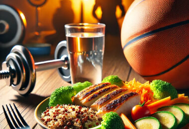 DALL·E 2024 10 20 22.49.53 A vibrant and dynamic image depicting a healthy protein rich evening meal on a plate ideal for athletes. The meal includes grilled chicken quinoa sainetdiet.com